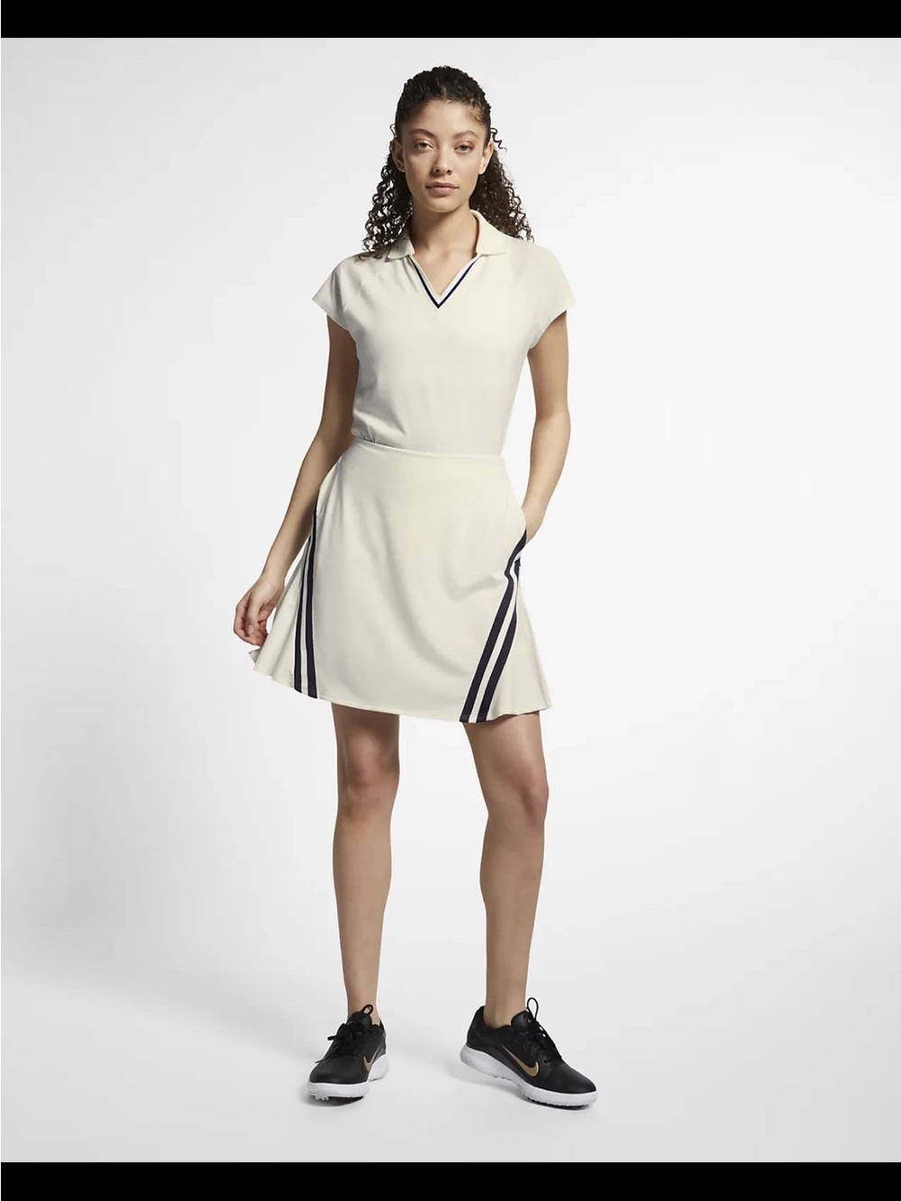Nike Dri-fit 17" soft split navy stripes on white Tennis Dress Sz M athleisure